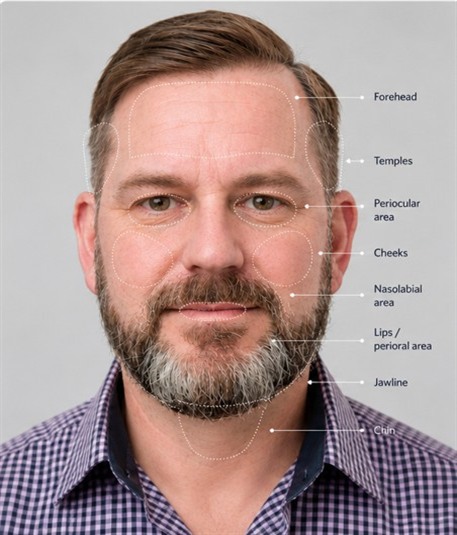 Assessment zones considered in male cosmetic injectable consultations