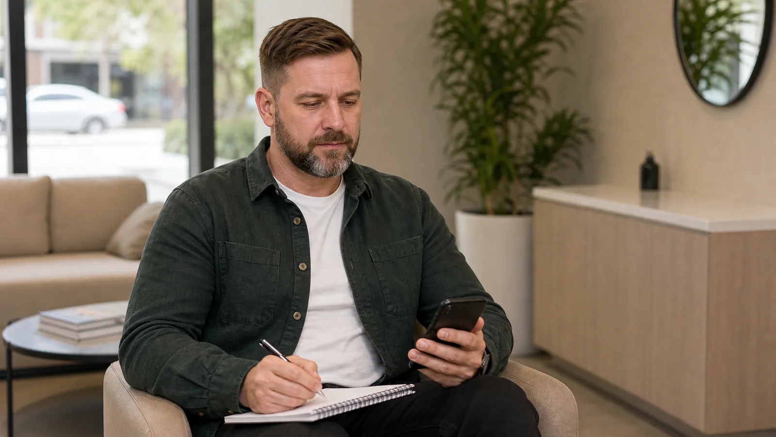 Adult staff model preparing questions before an aesthetic consultation