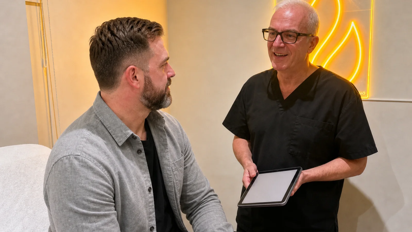 Corey Anderson reviewing a male facial assessment during consultation