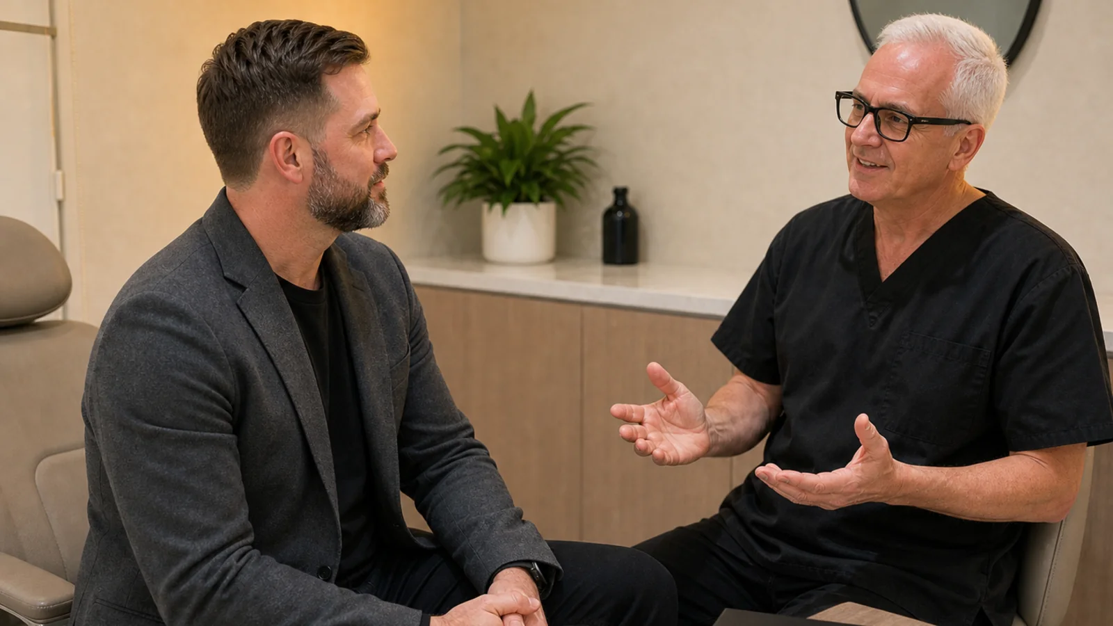 Adult considering questions before an anxiety-sensitive aesthetic consultation