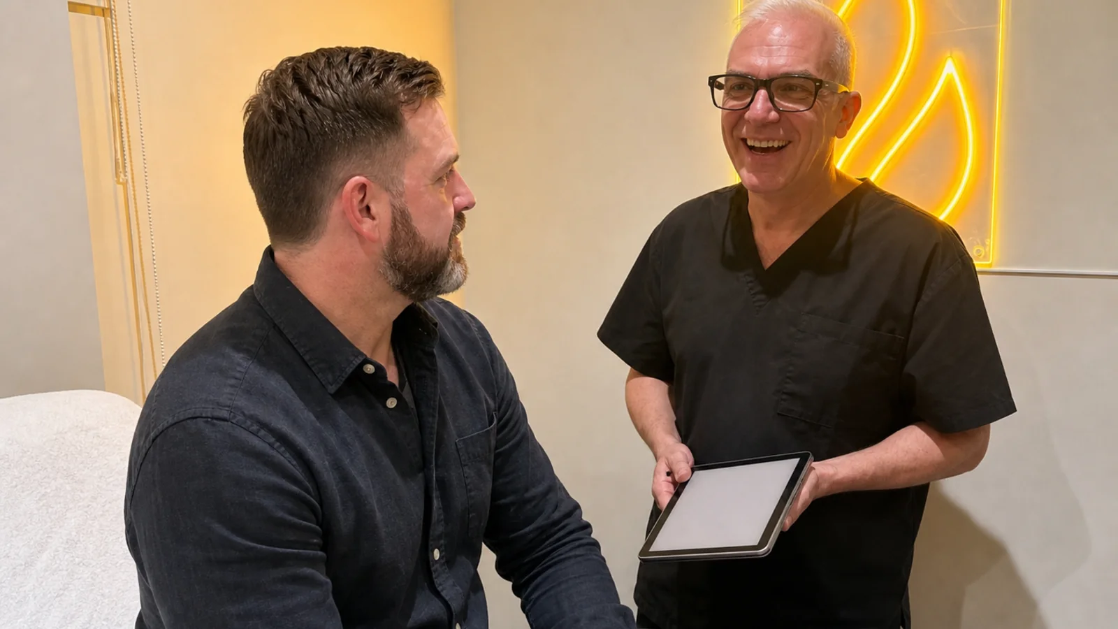 Corey Anderson discussing jawline and chin assessment with a male patient