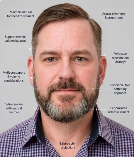 Male treatment planning zones discussed during cosmetic injectable consultations