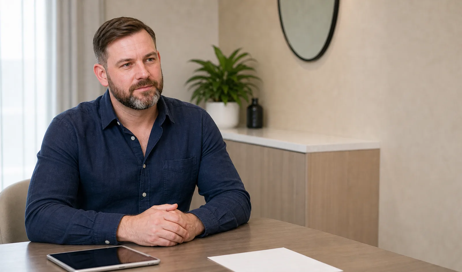 Bearded man in a navy shirt sits at a wooden table in an office, hands folded, with a tablet and papers on the desk in front of him.