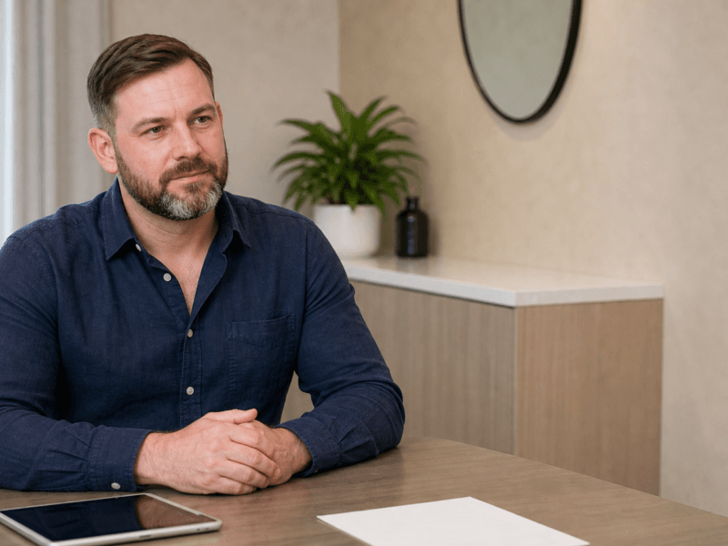 Bearded man in a navy shirt sits at a wooden table in an office, hands folded, with a tablet and papers on the desk in front of him.