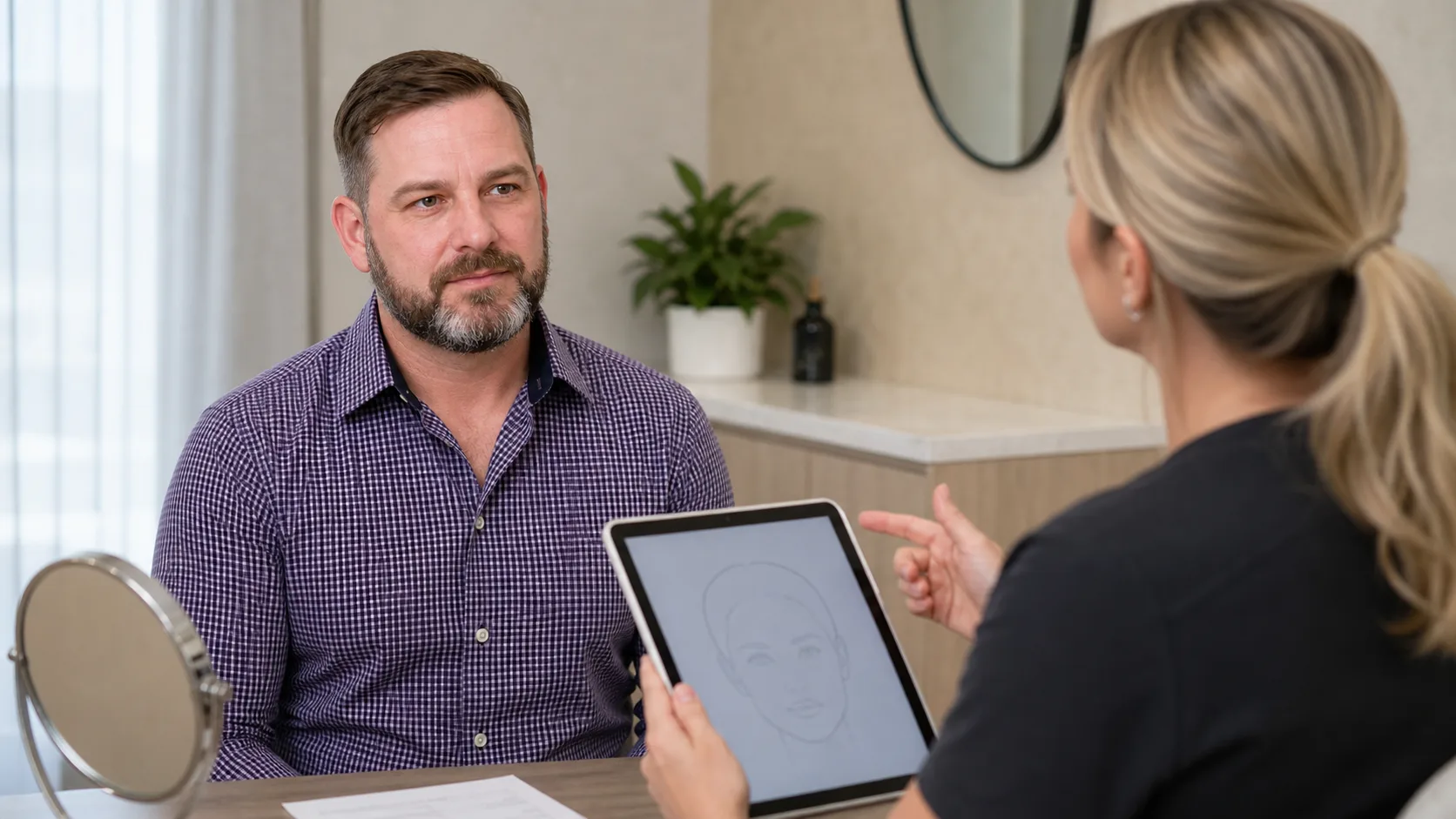 Adult man and practitioner reviewing a stable appearance concern during a facial assessment