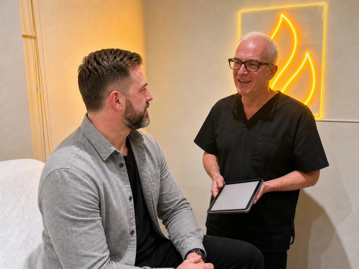 Pricing and treatment-decision consultation context for male patient consultation context at Core Aesthetics, serving the First Oakleigh Cosmetic No area