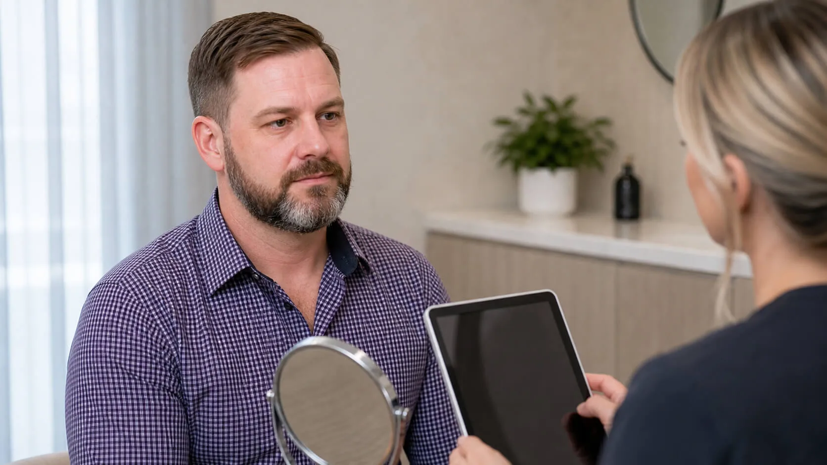 Corey Anderson RN discussing jawline and chin relationships with an adult patient