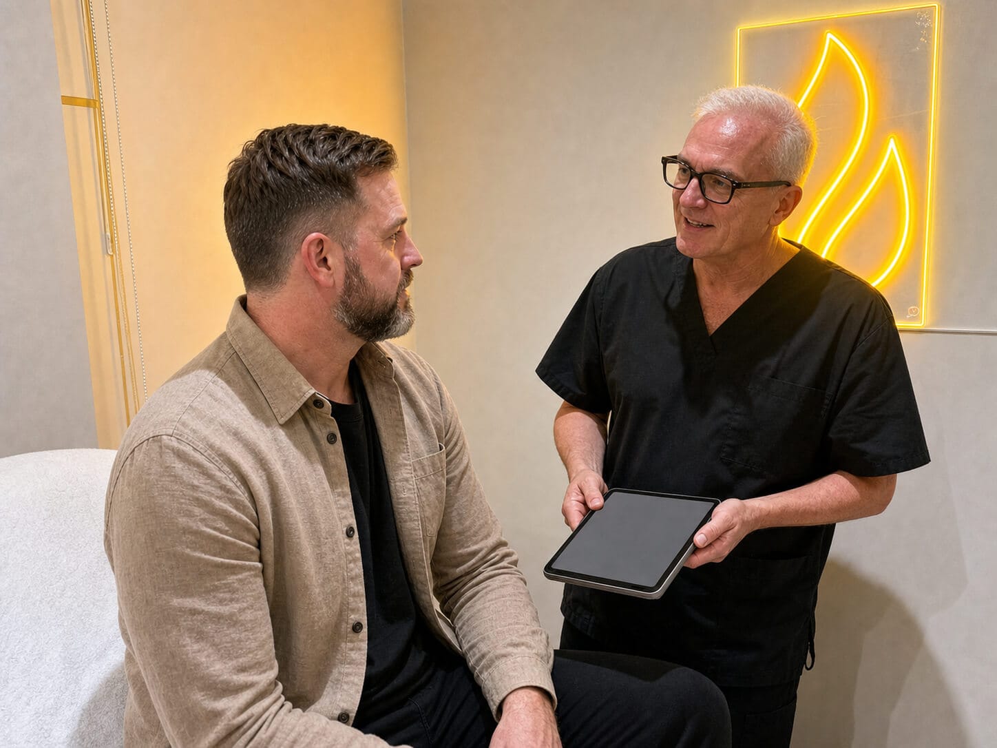 Corey Anderson RN discussing lower-face views with an adult patient in the Oakleigh consultation room
