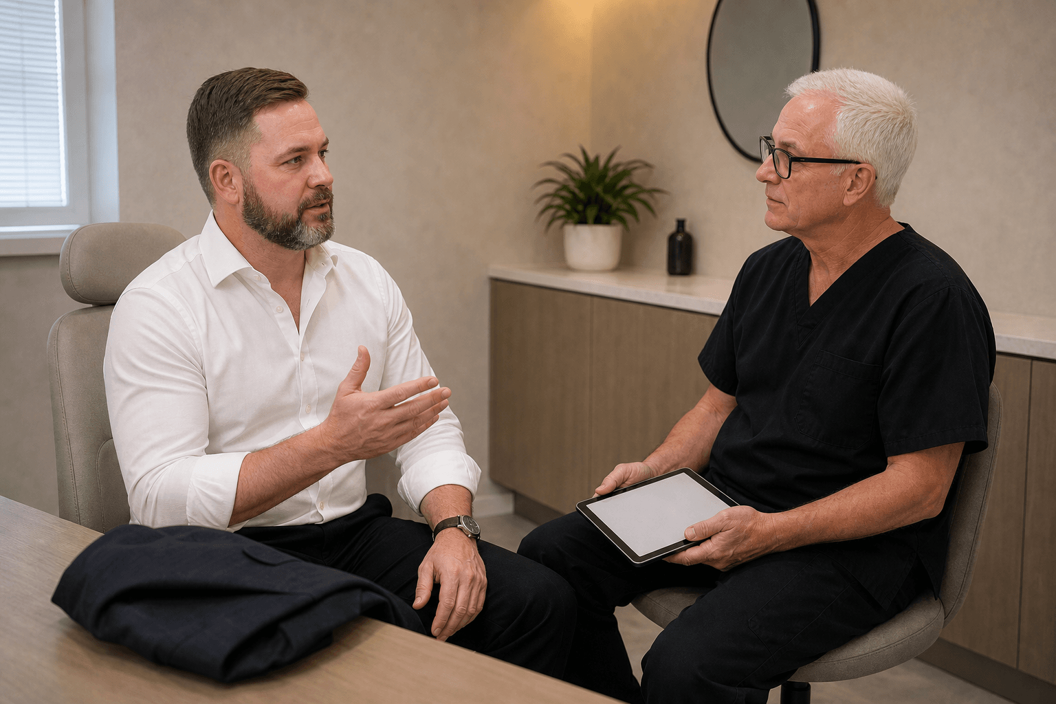 Corey Anderson RN in a private consultation with an adult concerned about excessive sweating