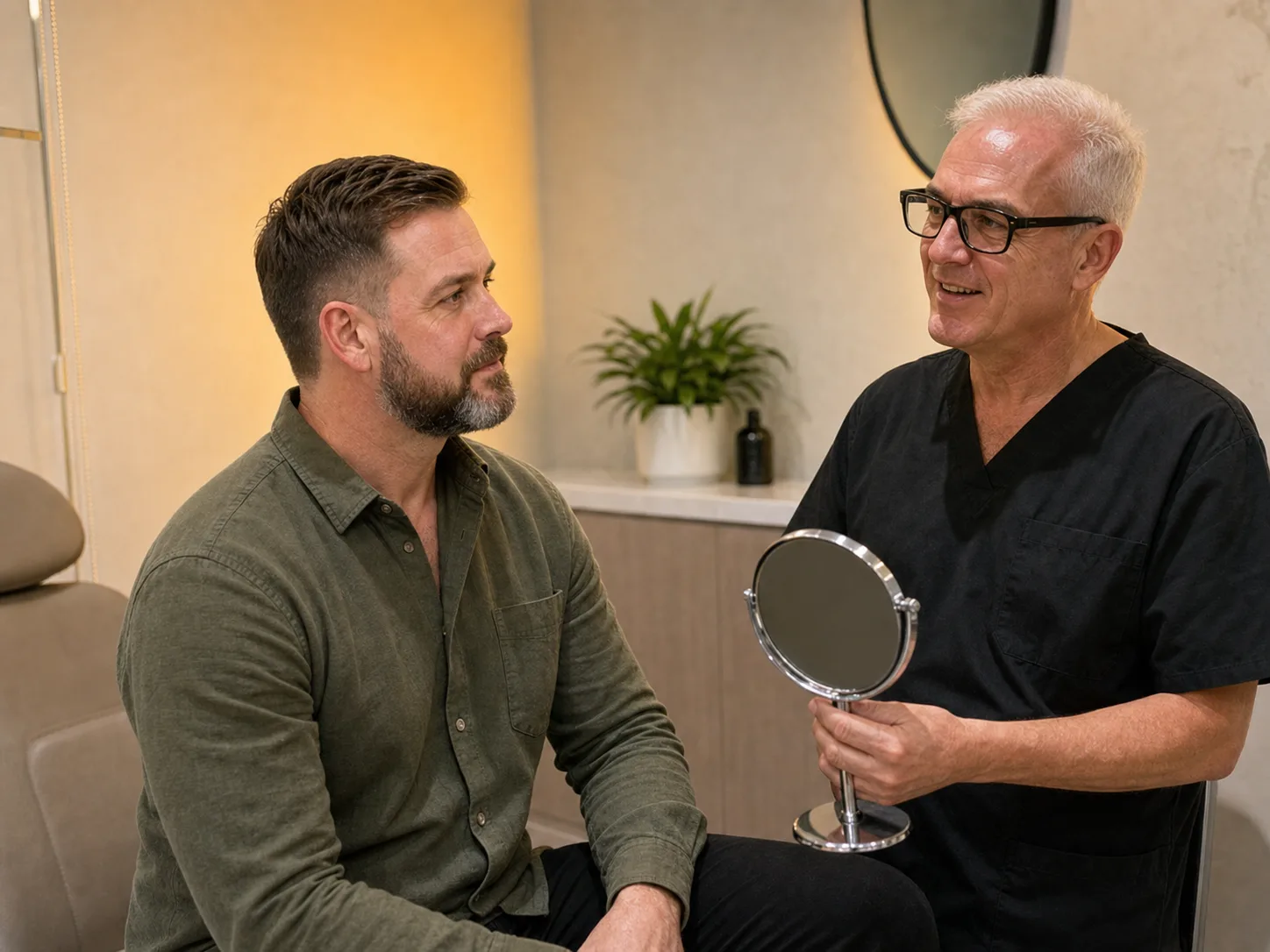 Corey Anderson RN speaking with an adult patient during a private lower-face consultation at Core Aesthetics