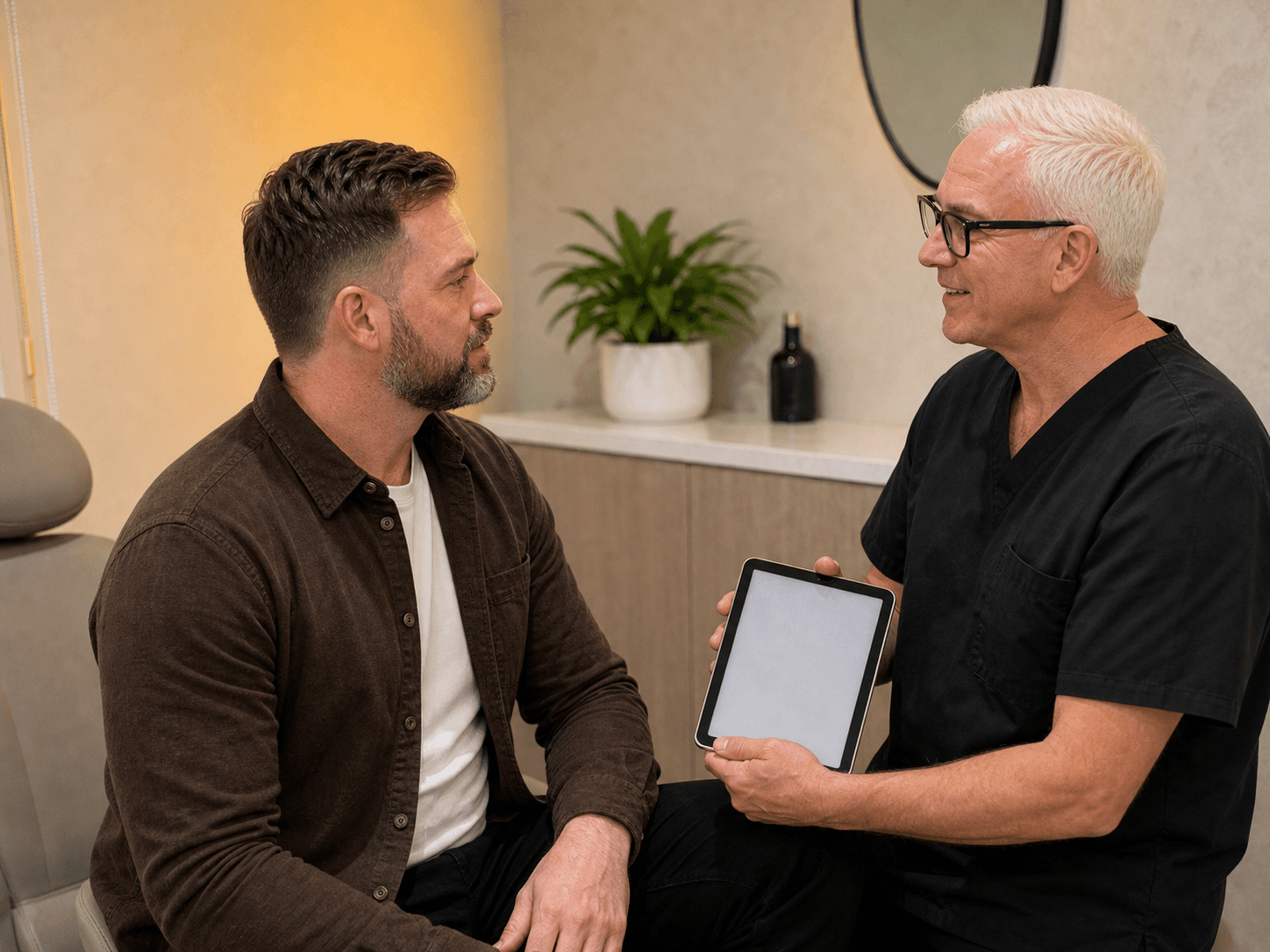 Corey Anderson RN and an adult patient reviewing lip concerns with a mirror during consultation