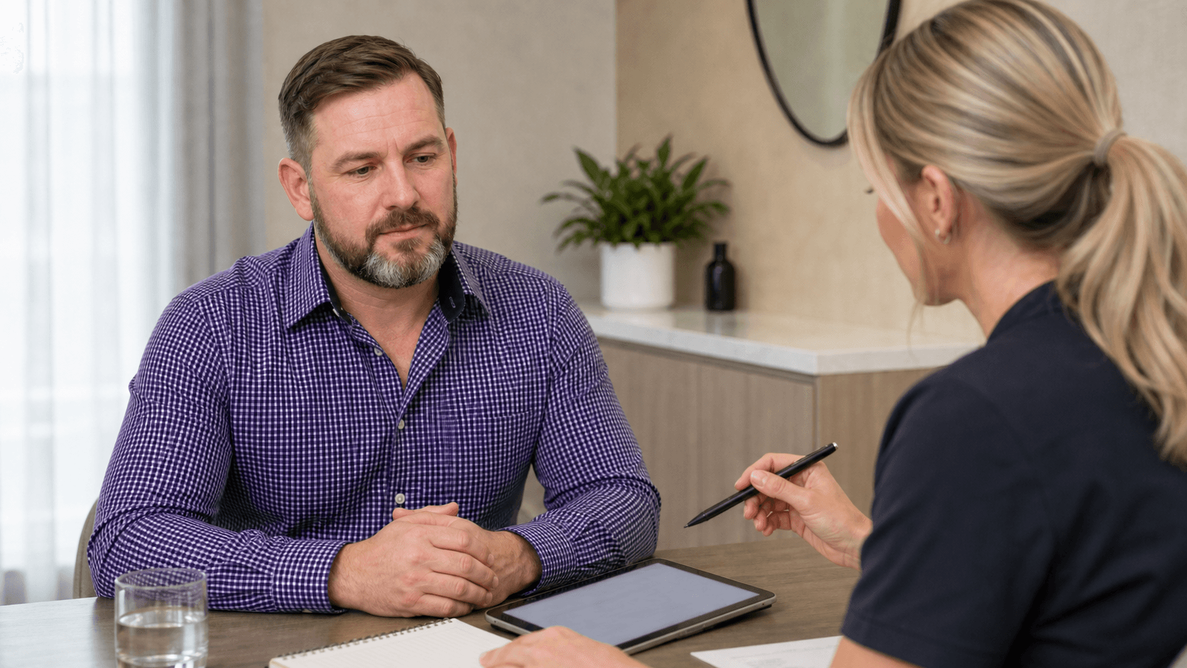 Corey Anderson RN in a private consultation discussion with an adult man