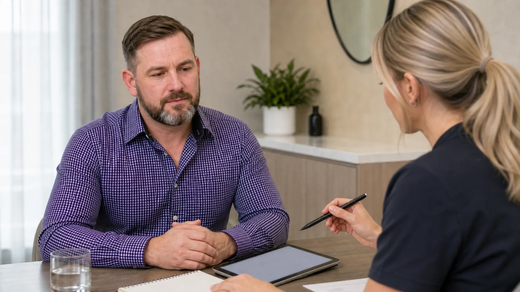 Adult man asking a health professional about follow-up during a consultation