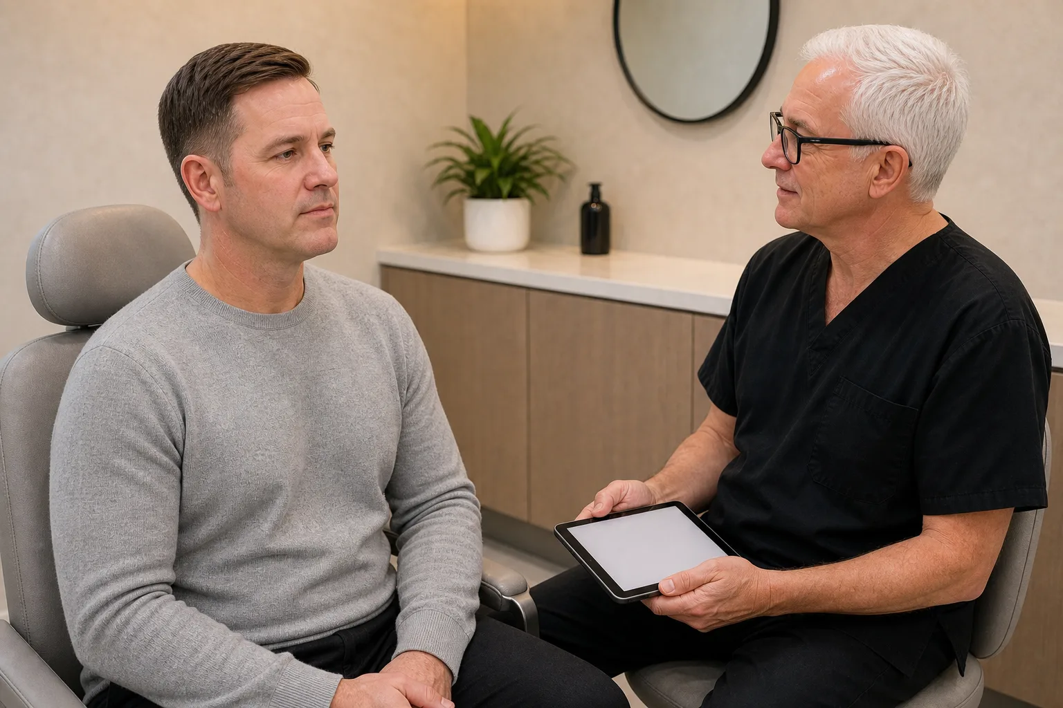 Corey Anderson RN assessing facial and neck context during a men's aesthetic consultation
