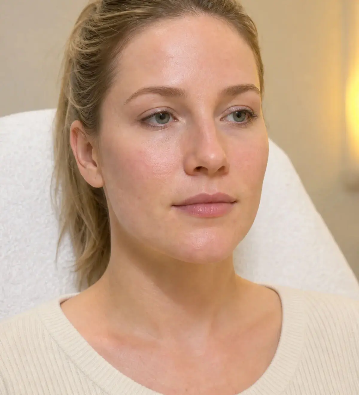 Adult woman considering facial balance during an educational aesthetic consultation
