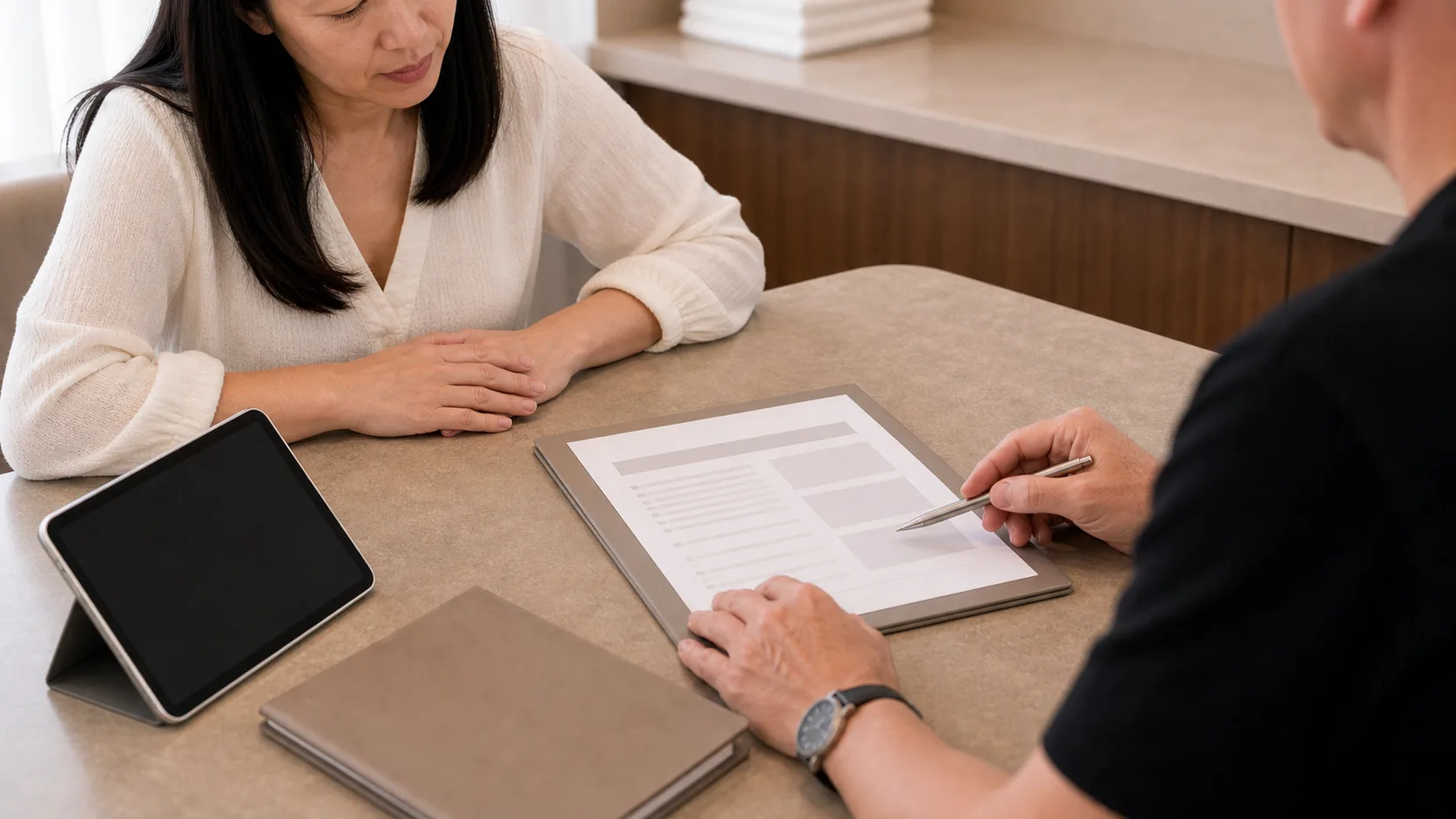 Corey Anderson RN reviewing a printed care record with an adult woman during a consultation