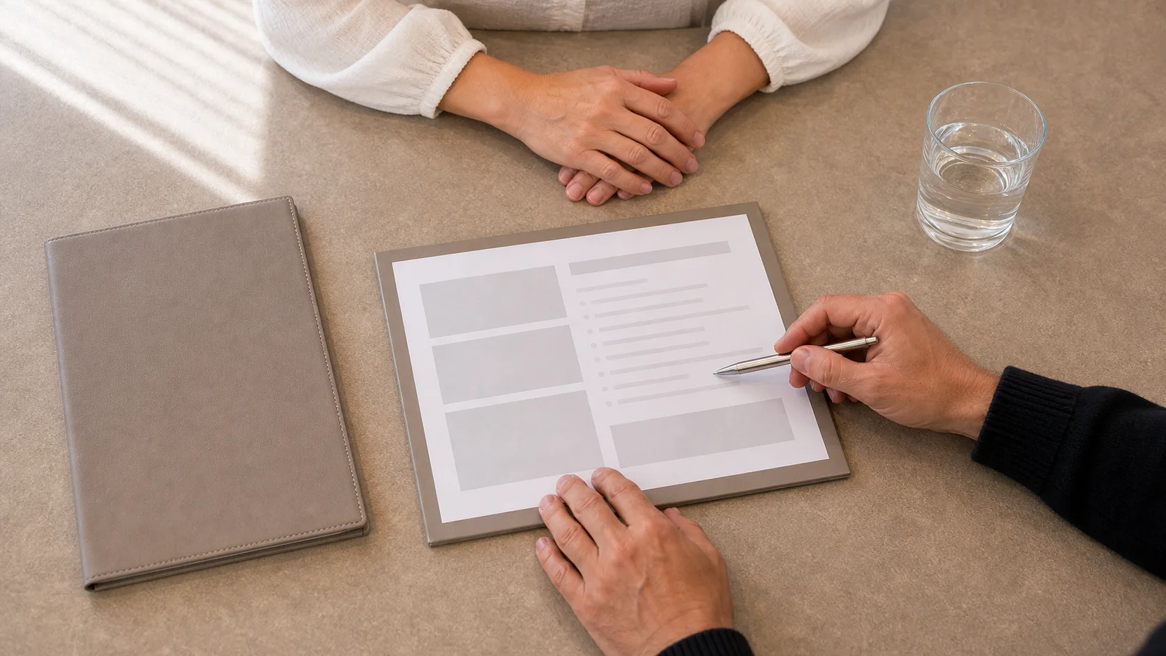 Corey Anderson RN pointing to a simple written checklist during a review of previous care