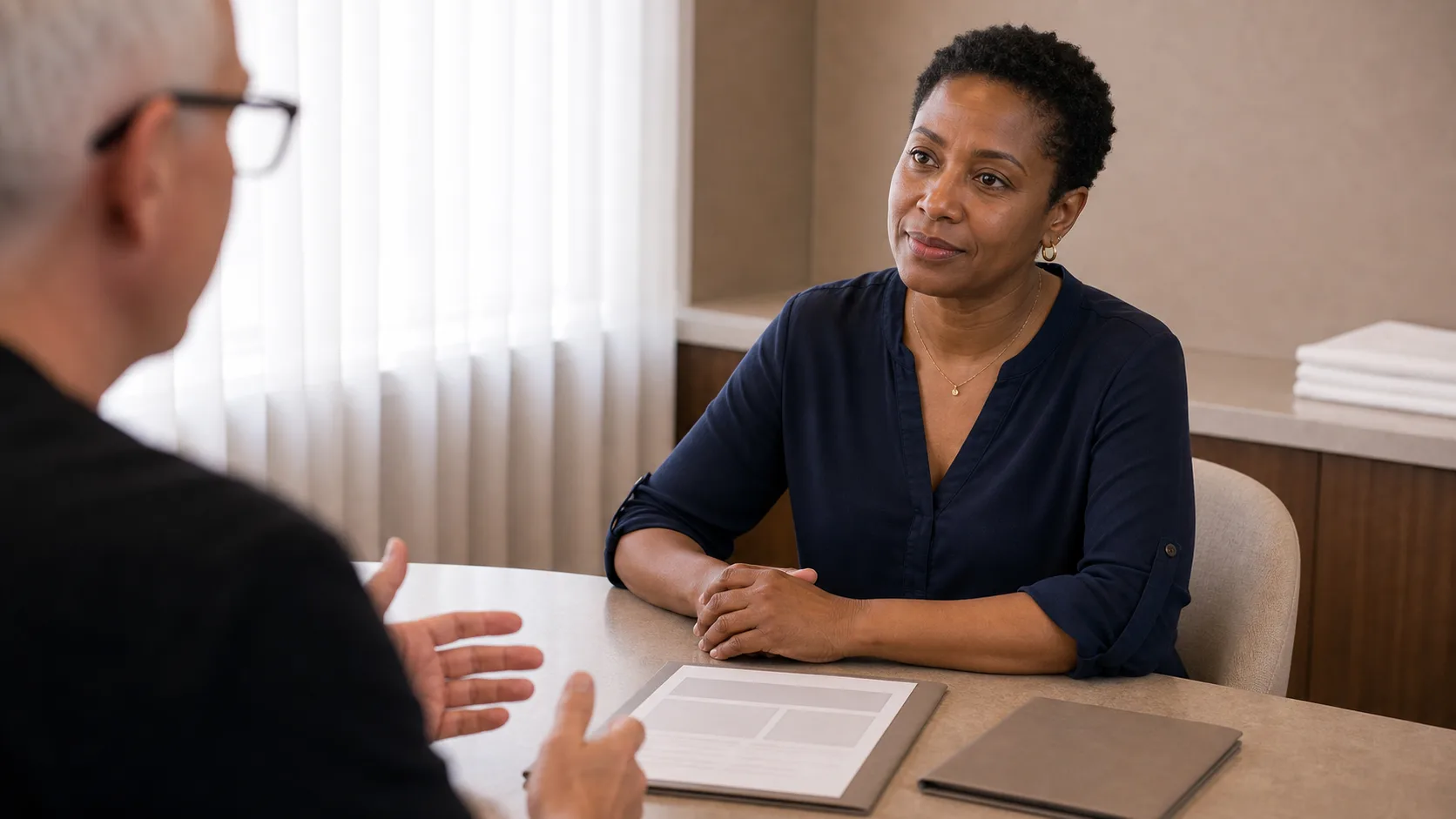 Patient listening while a practitioner explains a written assessment