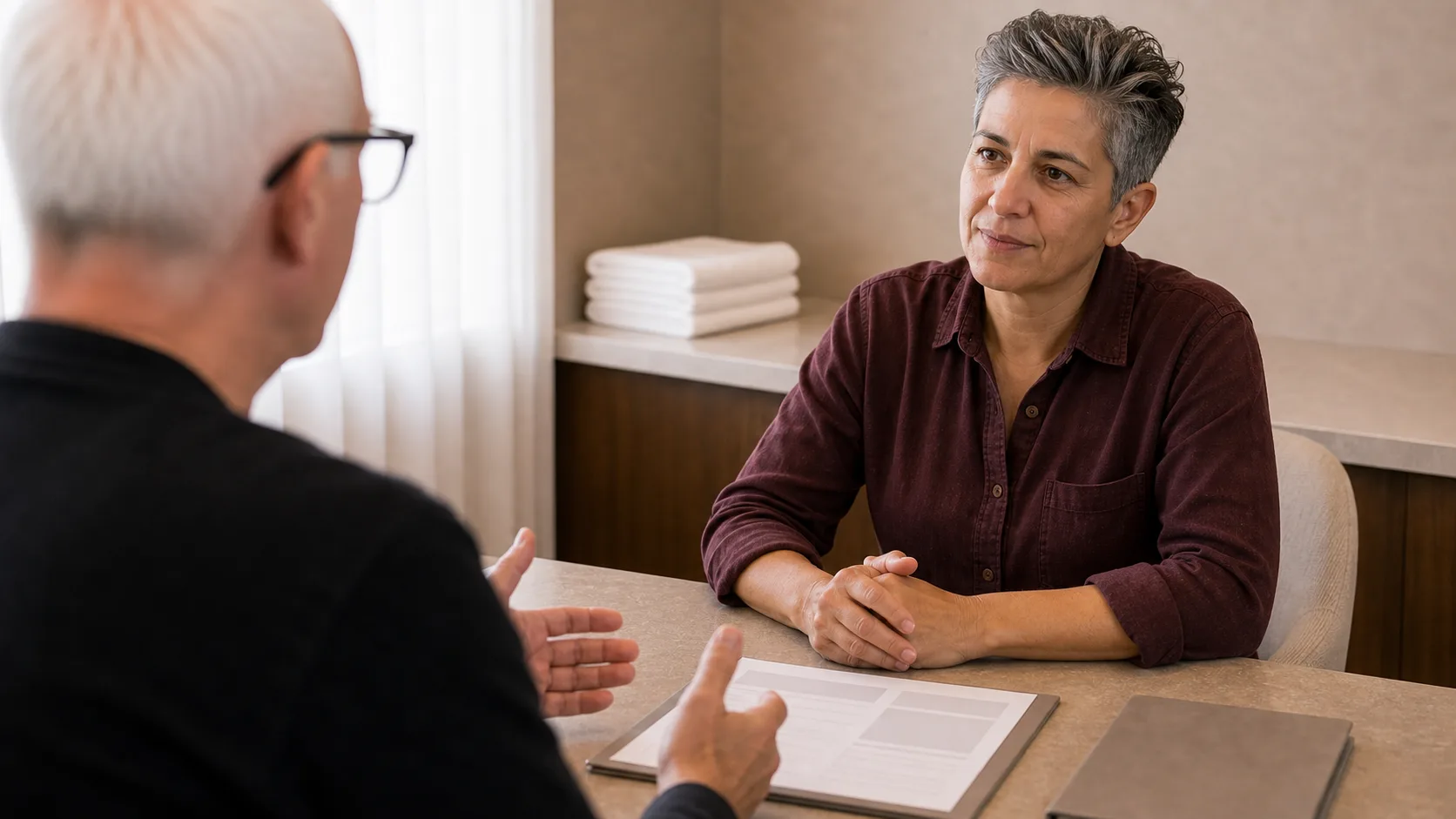 Adult patient and practitioner discussing aftercare questions during a non-urgent review
