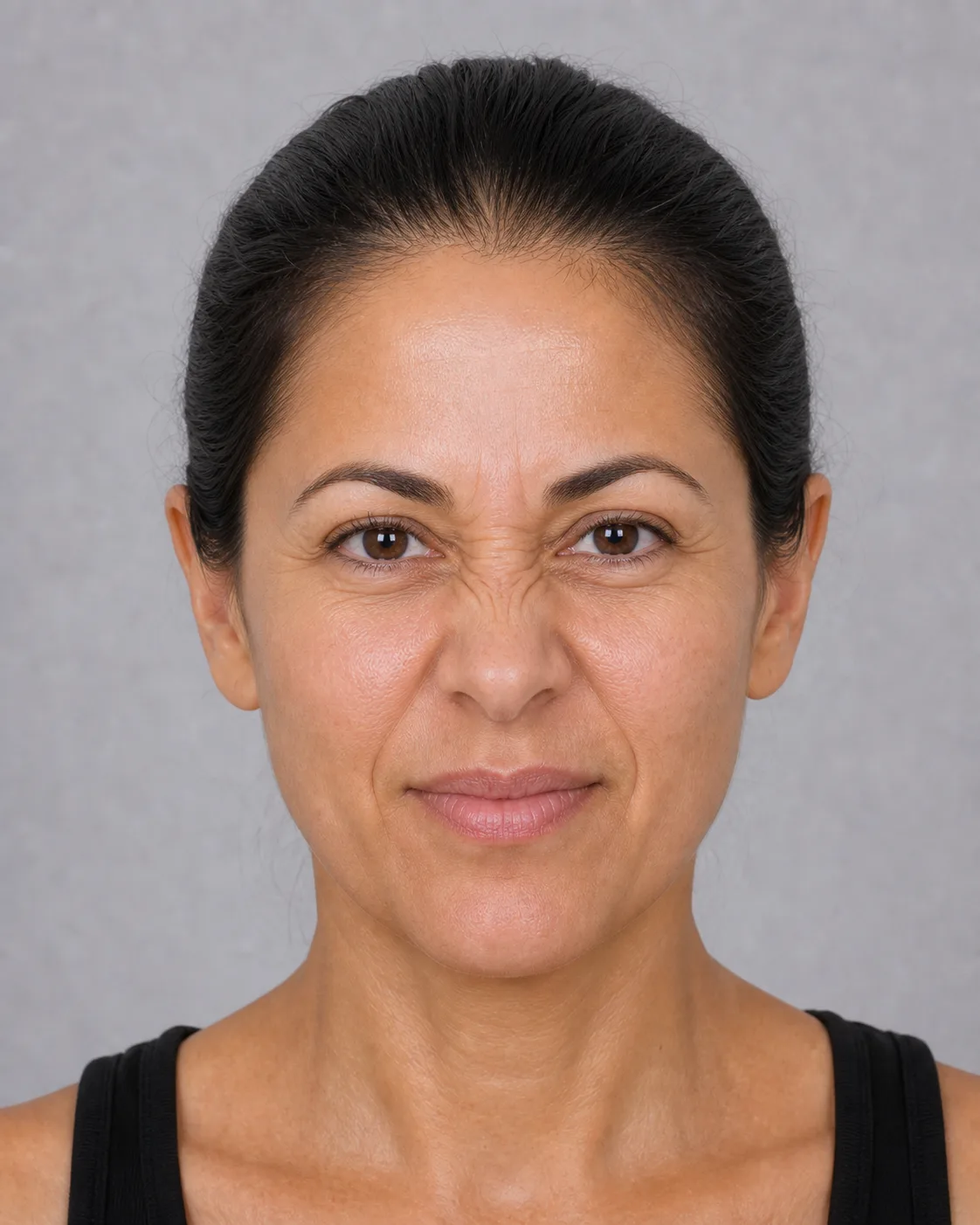 Front portrait showing upper nose lines during a gentle nose scrunch
