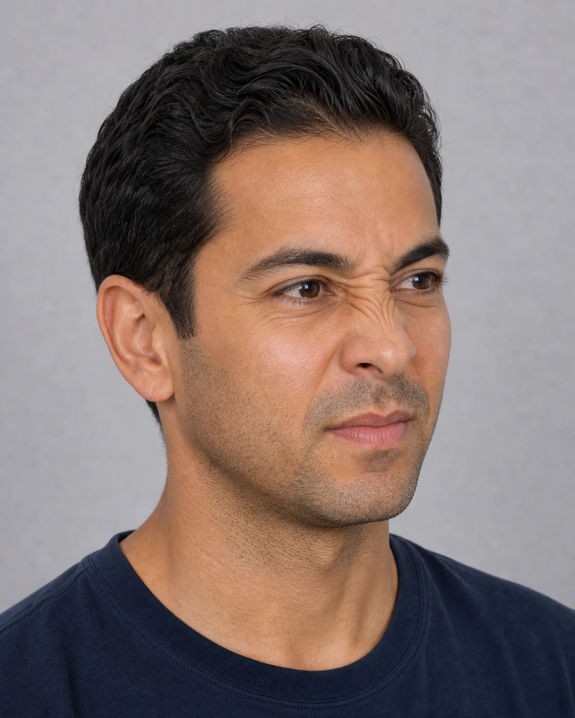 Adult man scrunching his nose in a three quarter upper face expression view