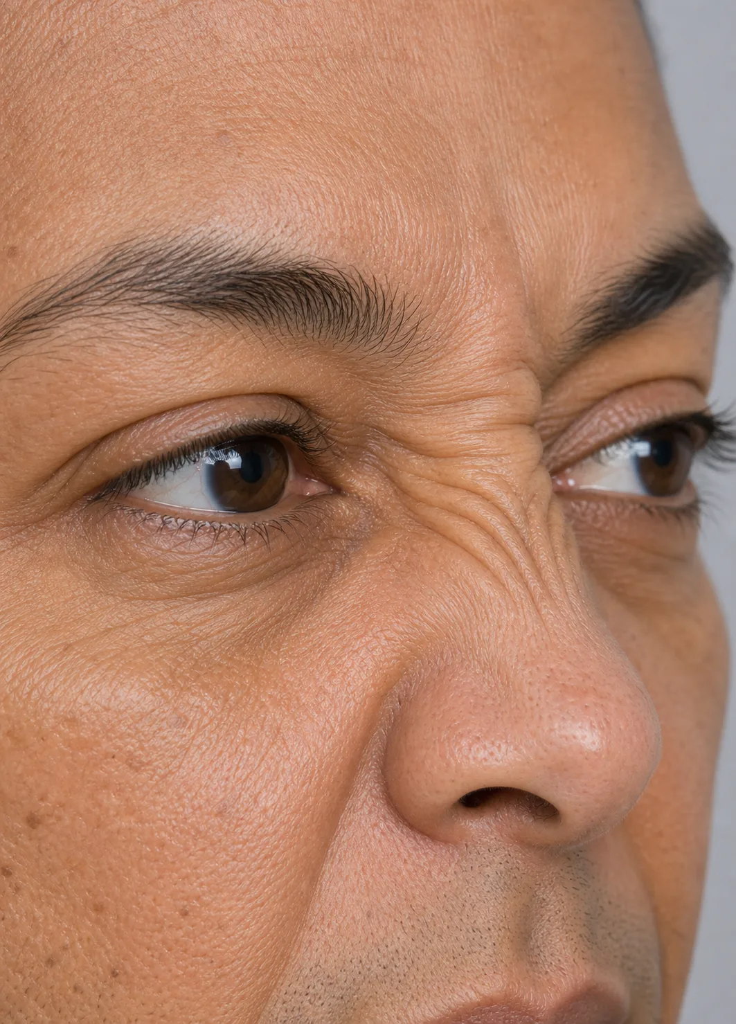 Close view of upper nose and eye area creases during facial expression