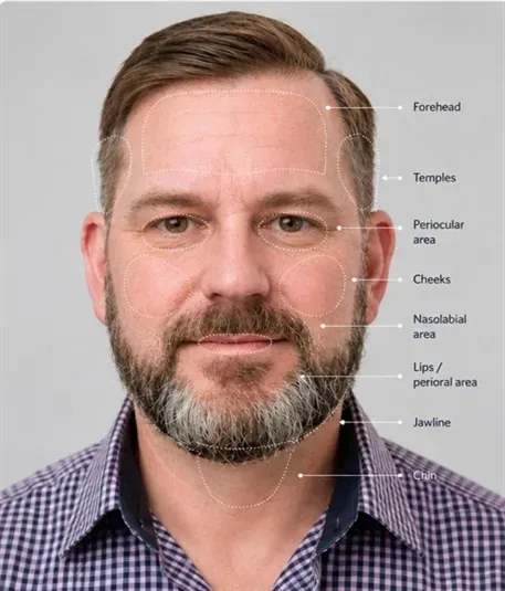 Facial assessment zones guide showing forehead temples eye area cheeks nasolabial area lips jawline and chin