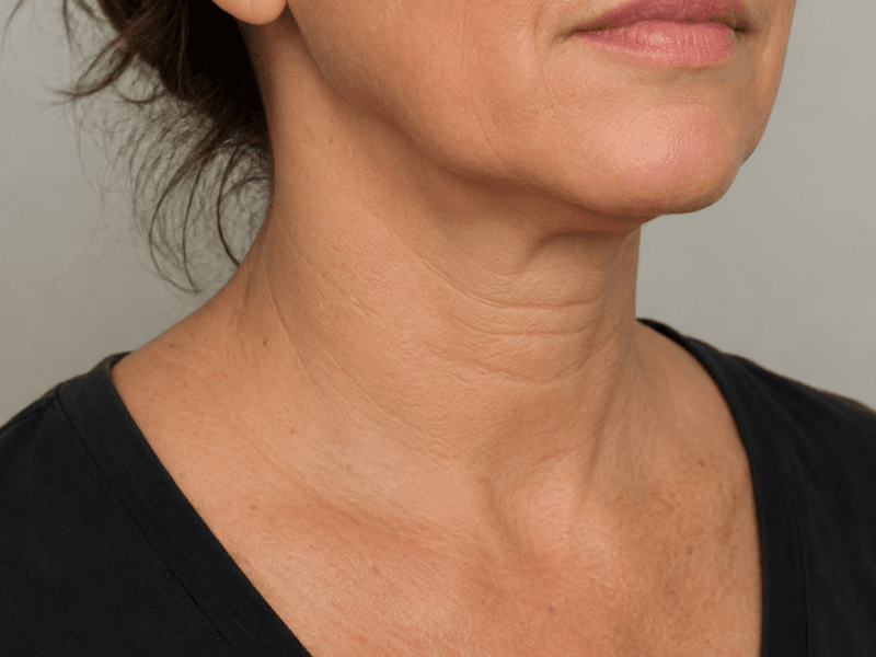 Three-quarter lower-face and neck view showing natural skin texture and horizontal neck lines