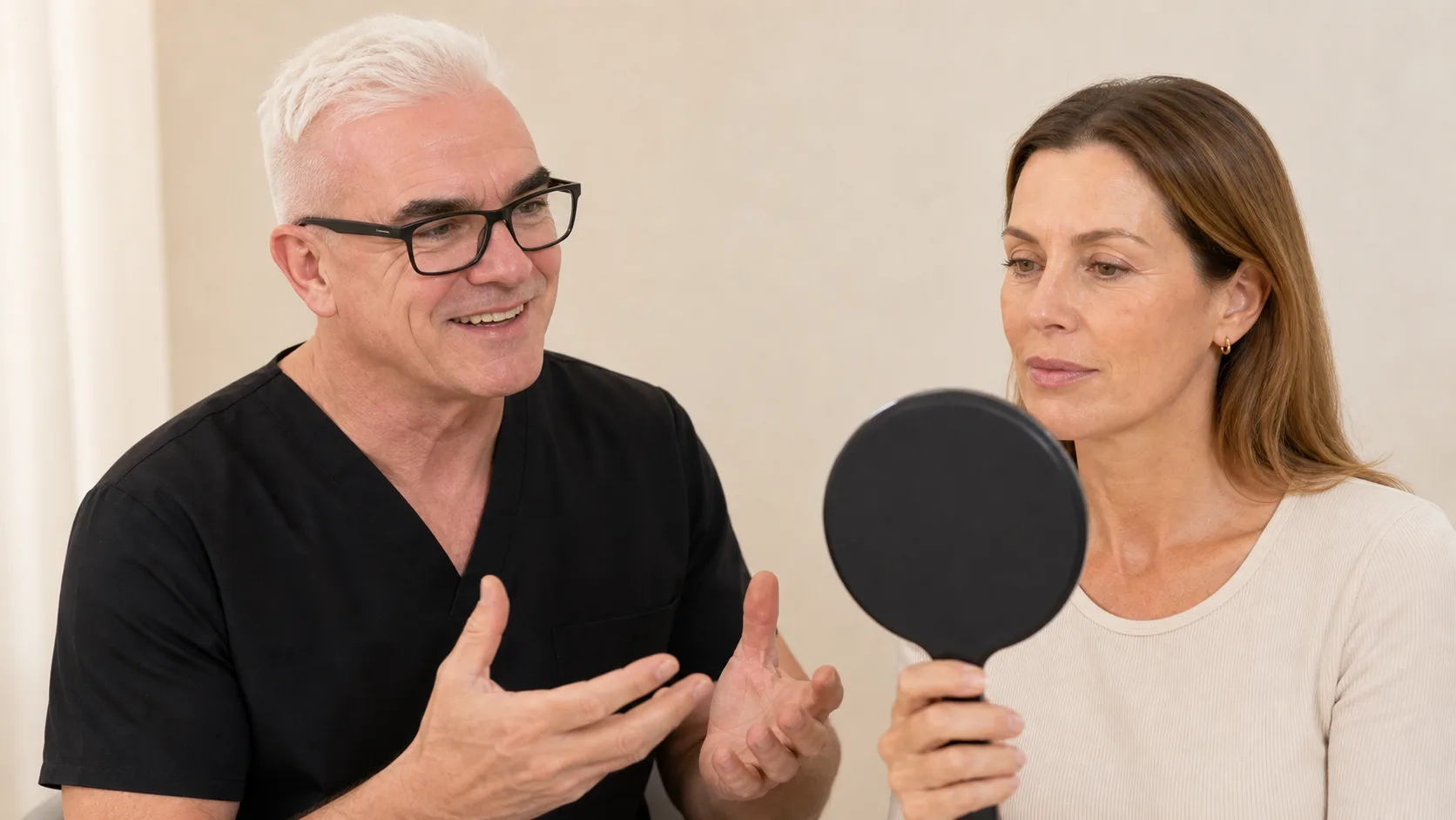 Adult woman using a mirror during a facial structure assessment discussion in Oakleigh