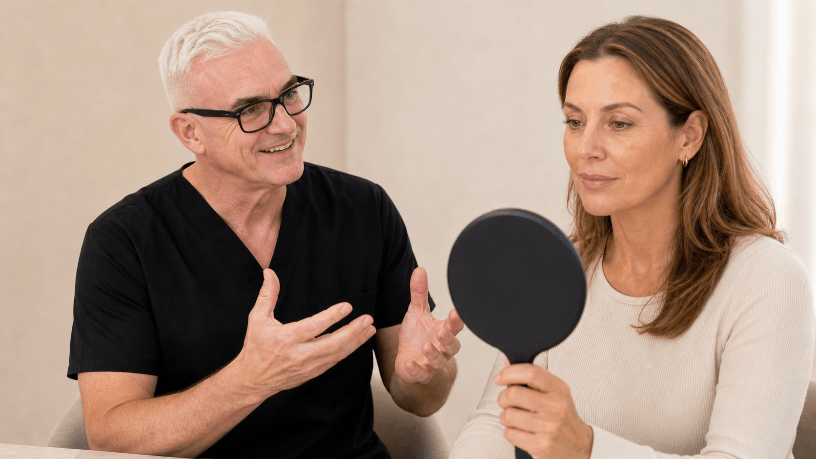 Adult woman discussing forehead and brow movement during an upper-face assessment at Core Aesthetics