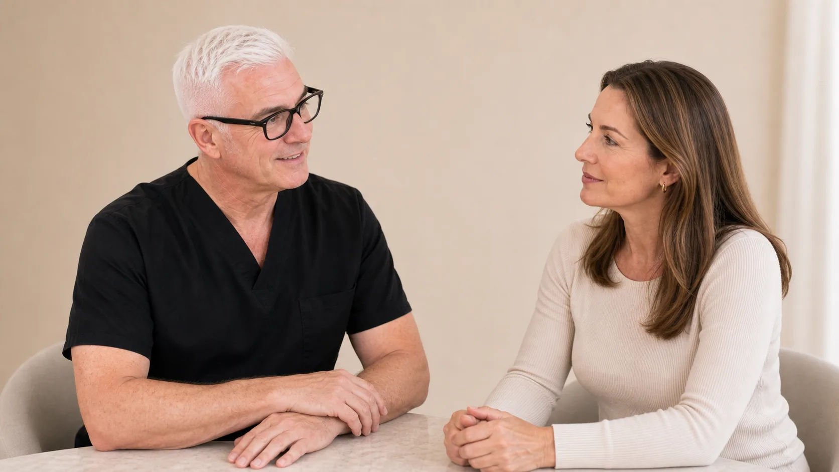 Corey Anderson RN listening to an adult woman during a calm future consultation at Core Aesthetics