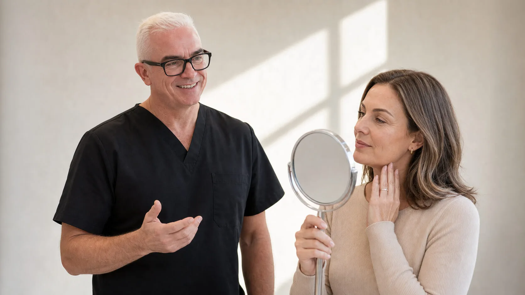 Adult holding a mirror beside a clinician during a facial assessment discussion