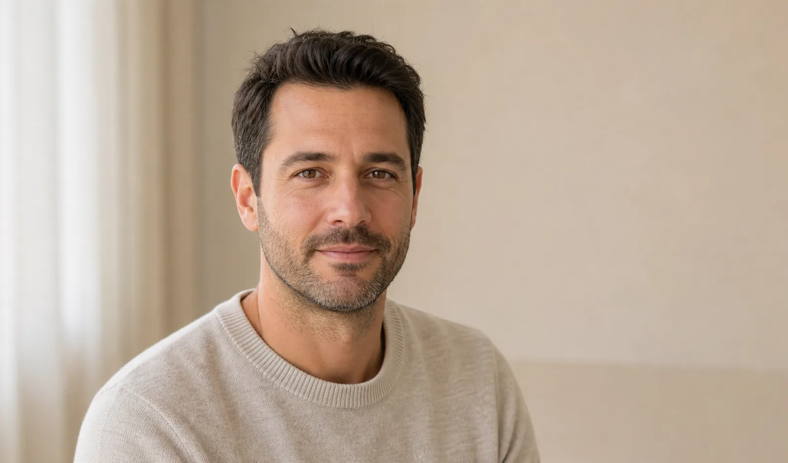 Close-up portrait of a smiling man with short dark hair and light stubble, wearing a beige sweater indoors.