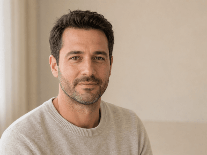 Close-up portrait of a smiling man with short dark hair and light stubble, wearing a beige sweater indoors.