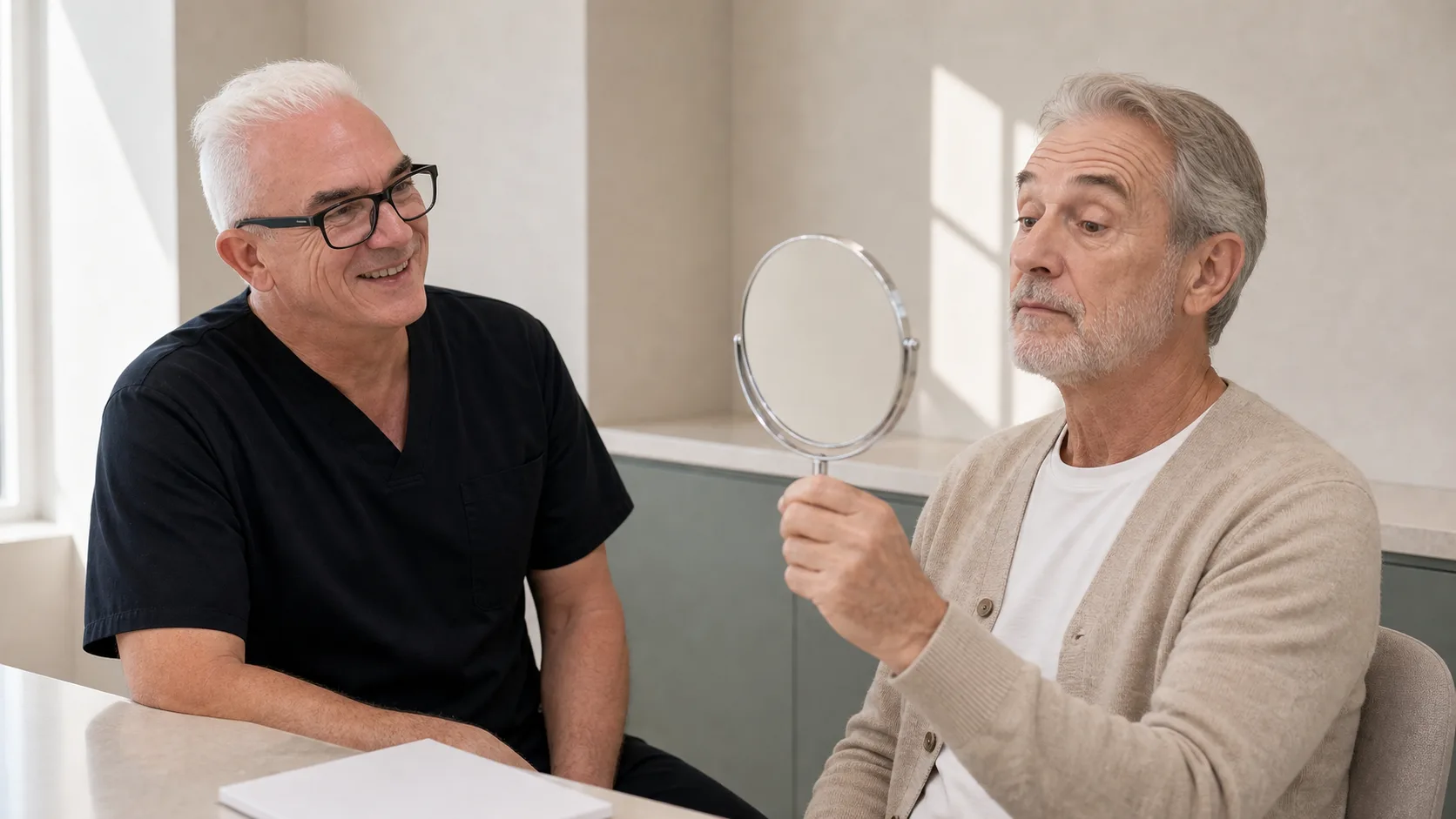 An adult patient and practitioner using a mirror to discuss a broad facial concern in consultation