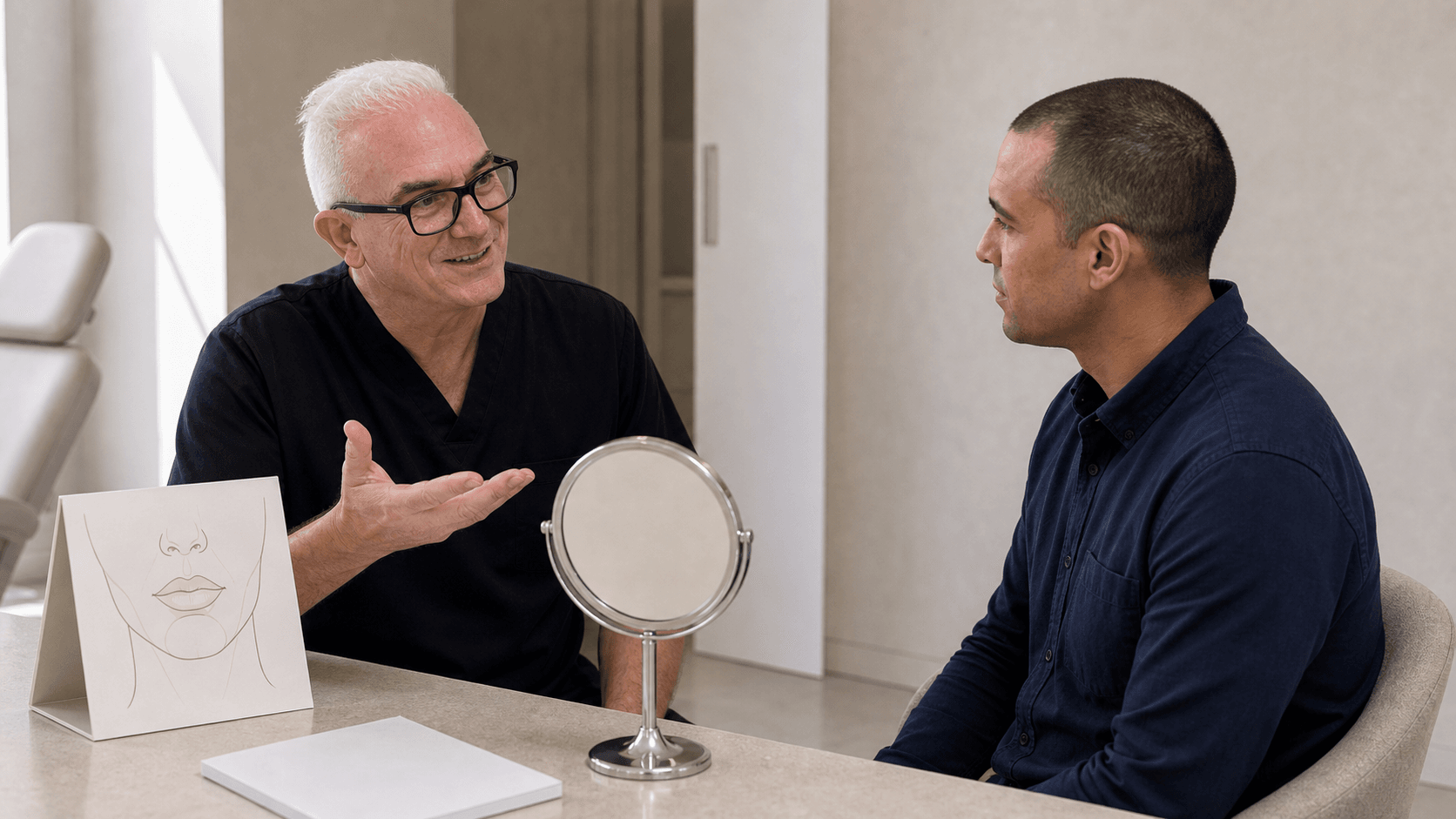 Corey Anderson RN discussing lip anatomy with an adult patient during a consultation in Oakleigh