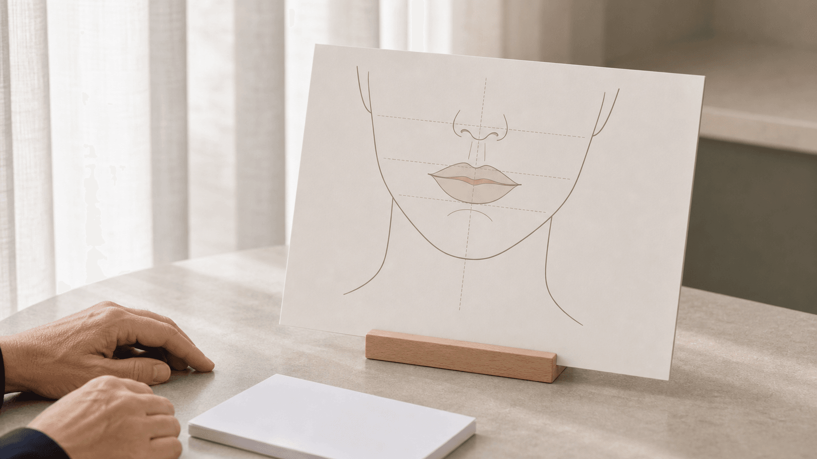 Adult patient using a mirror to describe a lip concern during consultation