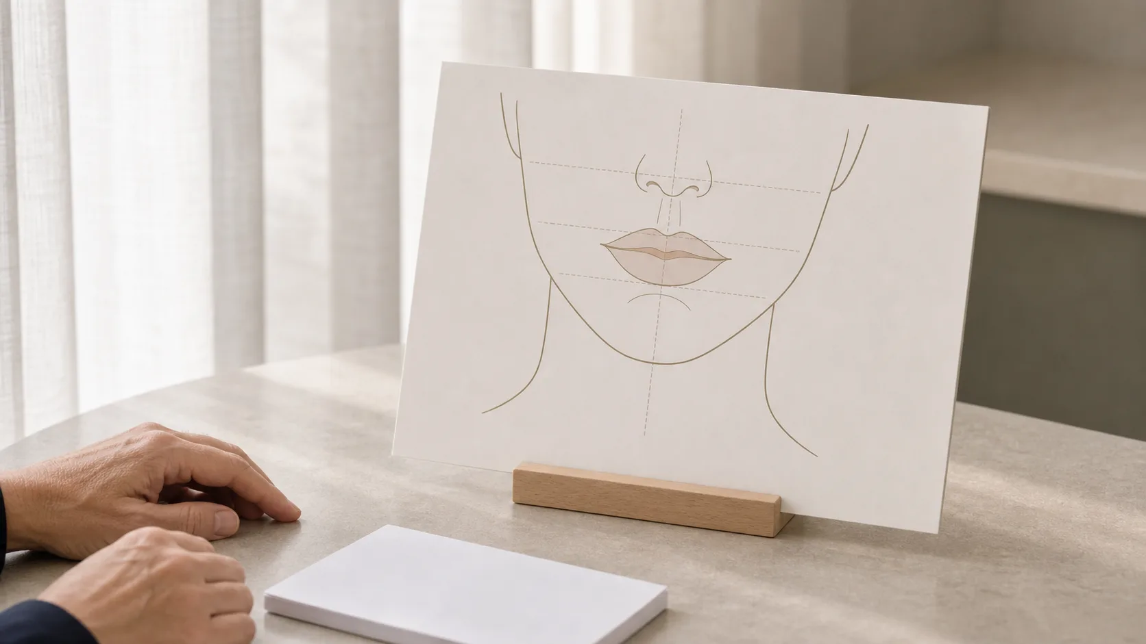 Adult patient lip context supporting a calm consultation about movement and volume