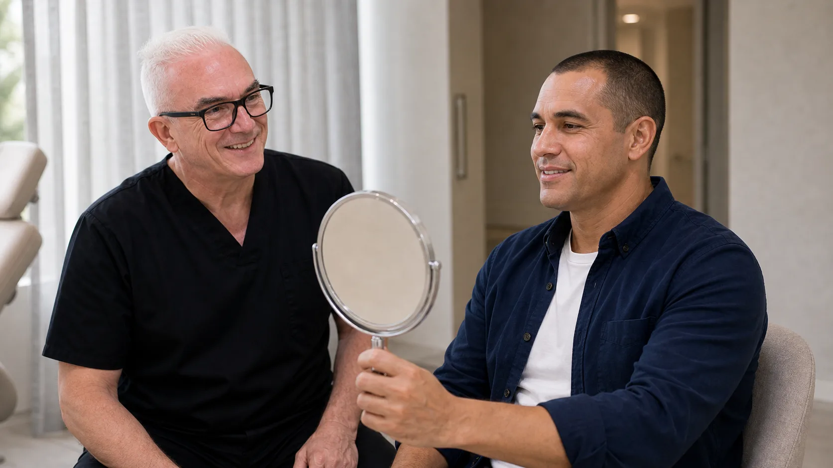 Adult patient using a mirror while discussing mouth movement and facial balance with Corey Anderson RN