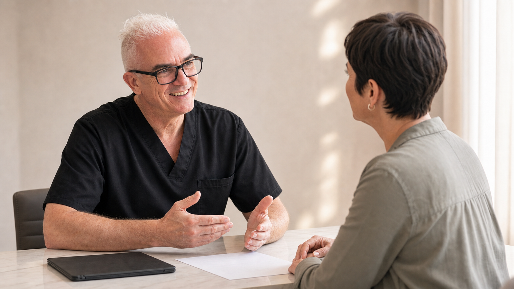 Corey Anderson RN and an adult patient reviewing a treatment timeline together