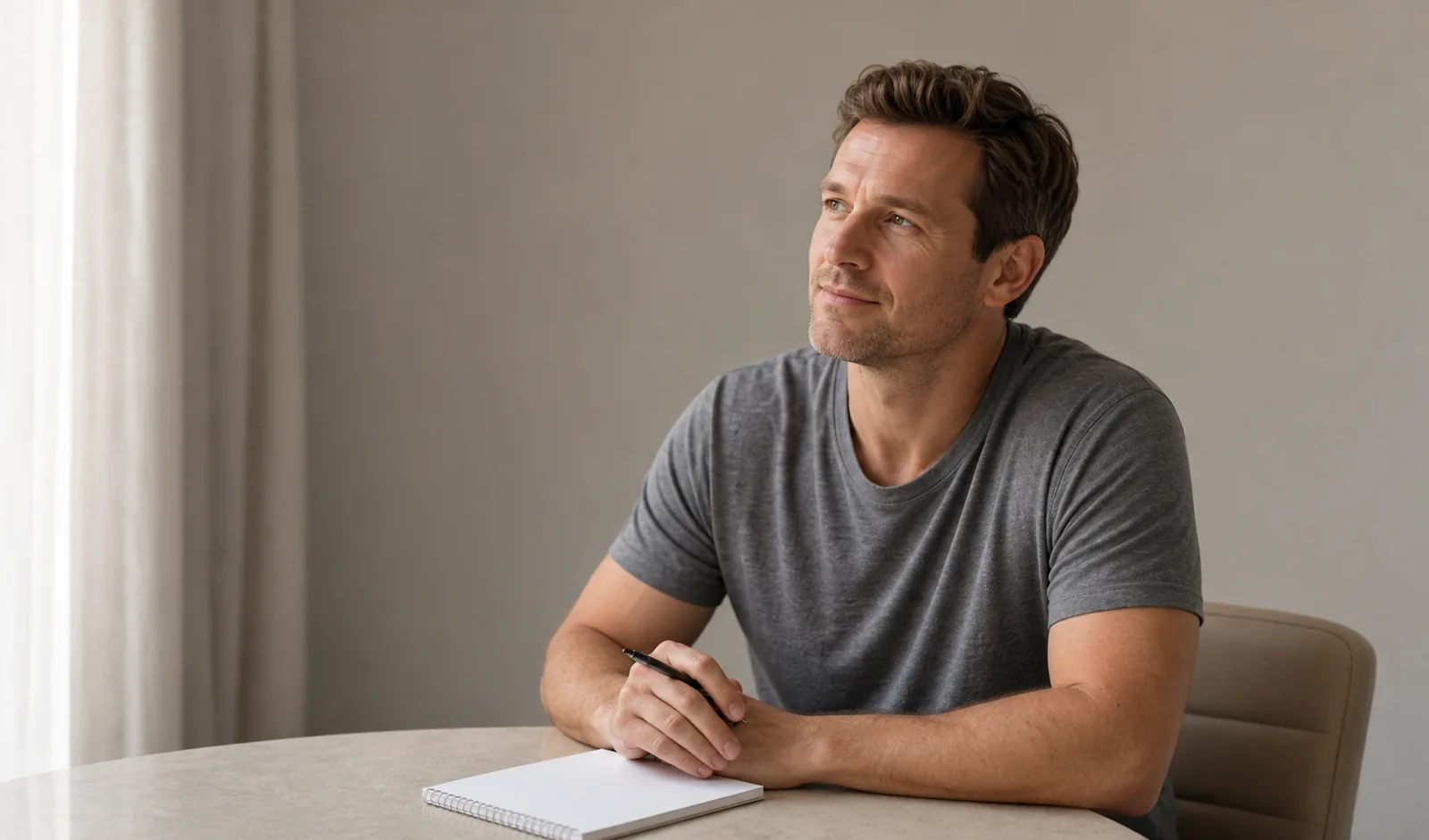 Man in a gray t-shirt sits at a table with a notebook and pen, gazing thoughtfully to the right.