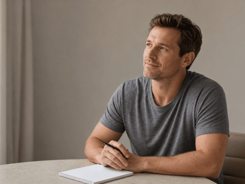 Man in a gray t-shirt sits at a table with a notebook and pen, gazing thoughtfully to the right.