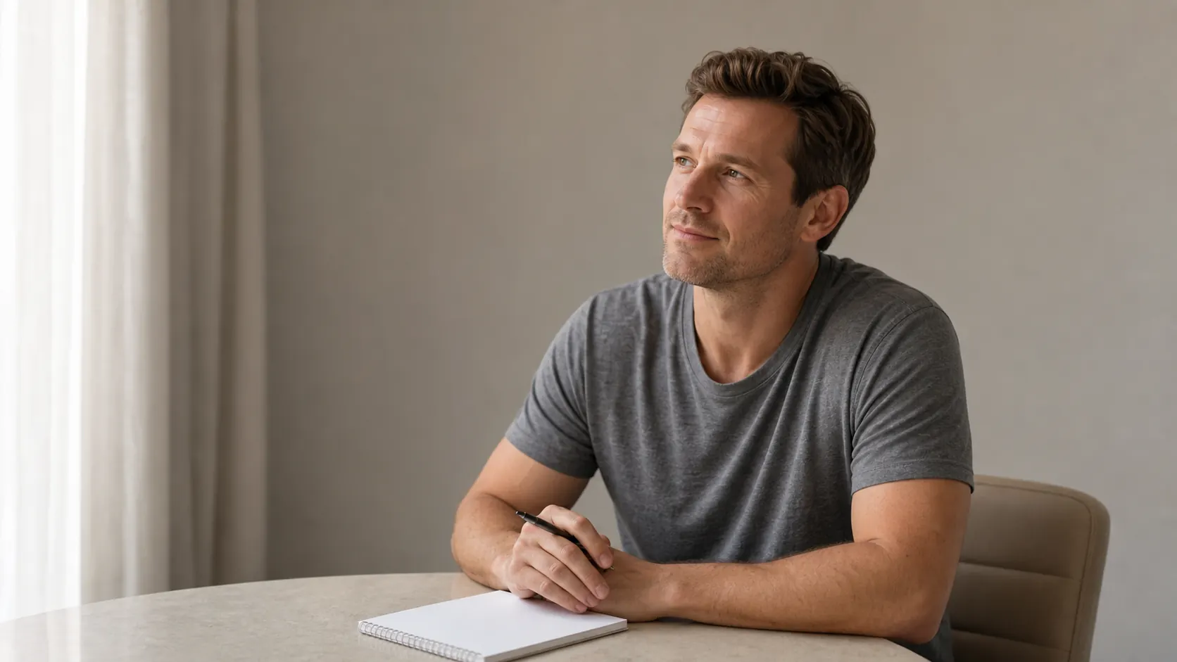 Adult man seated with a notebook, writing down changes in mood, sleep and daily life