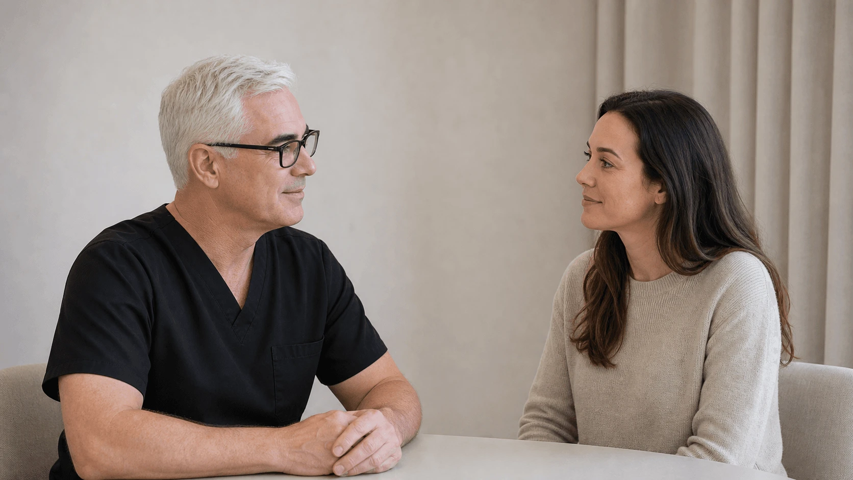 Two adults talking during a seated facial consultation.