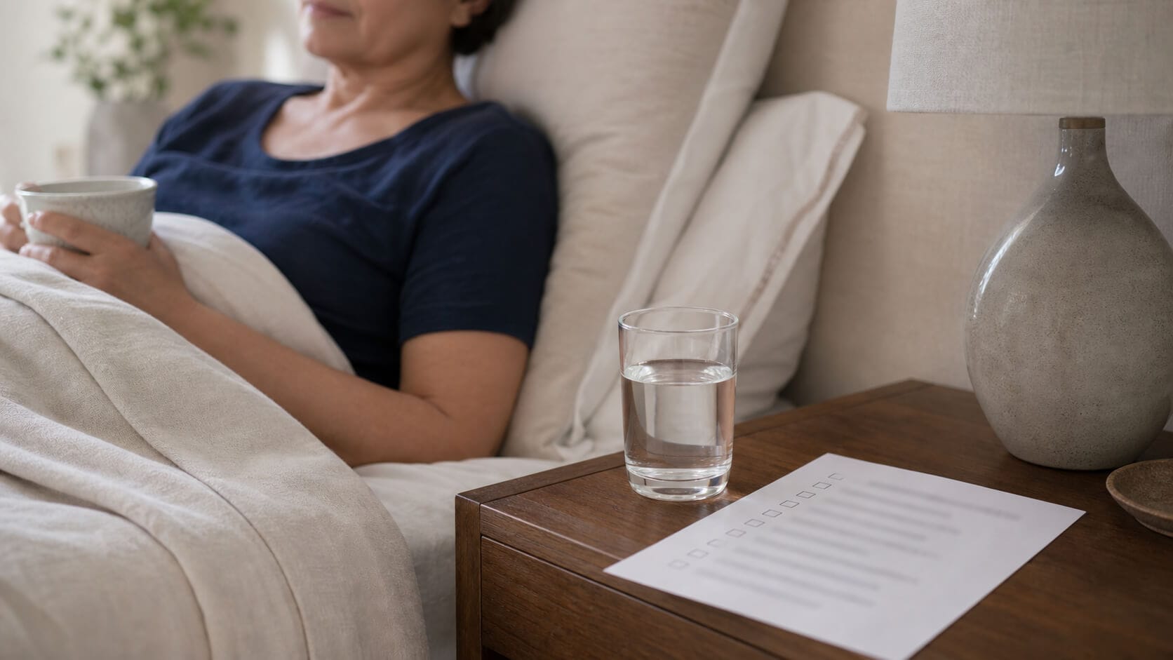 Adult resting at home beside water and written aftercare instructions after a healthcare appointment