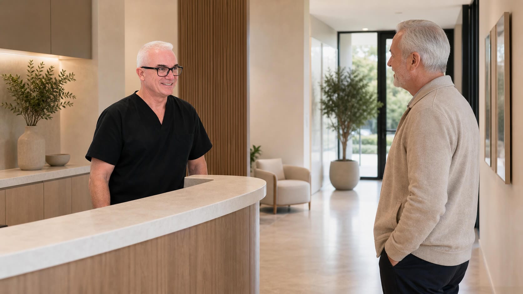 Corey Anderson RN welcoming an adult visitor at Core Aesthetics in Oakleigh