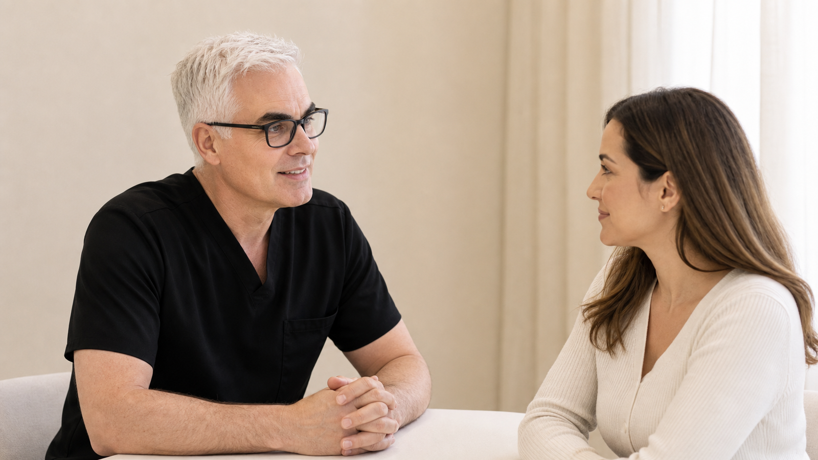 Corey Anderson RN listening to an adult woman during an under-eye consultation