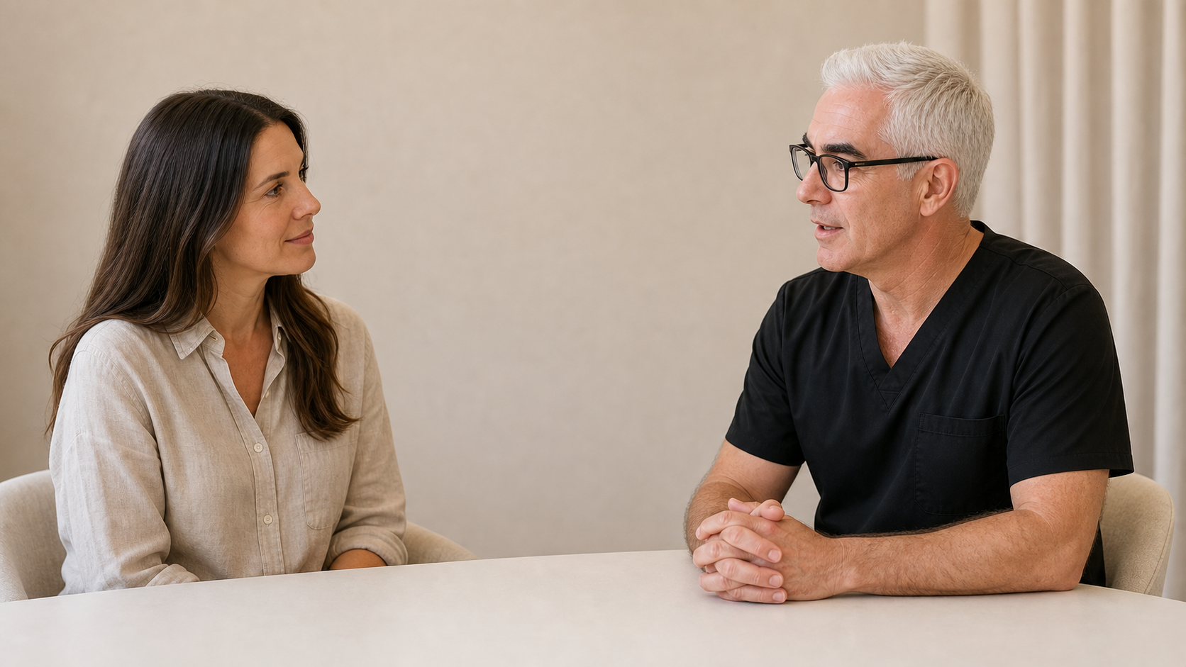 Corey Anderson RN speaking with an adult woman during a private under eye consultation in Oakleigh