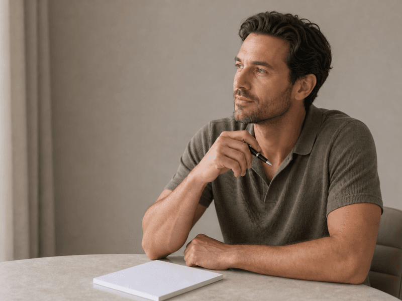 Man seated at a table, resting his chin on his hand and holding a pen over a blank notebook, gazing to the right in thought.