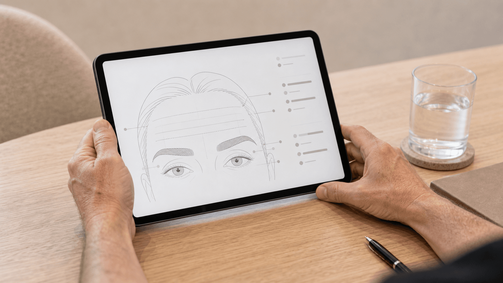 Adult patient using a mirror while discussing a facial concern during consultation